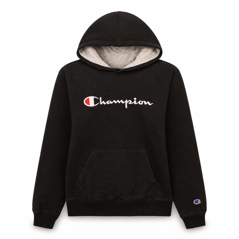 Front view of Champion women’s black xl pullover hoodie with logo embroidery