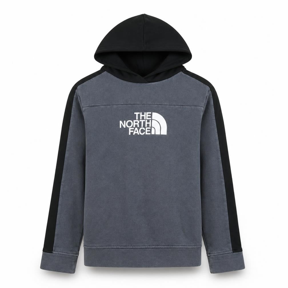 Front view of The North Face boys’ grey pullover hoodie l logo hooded sweatshirt