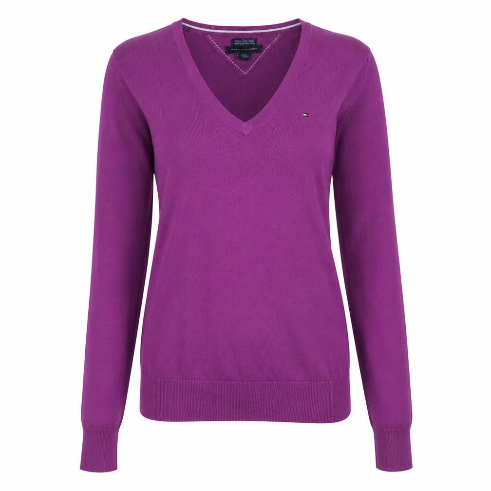 Tommy Hilfiger Women's Purple V-Neck Cotton Blend Jumper Size S