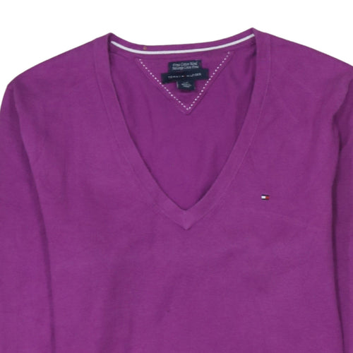 Tommy Hilfiger Women's Purple V-Neck Cotton Blend Jumper Size S
