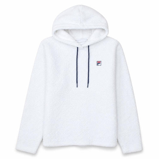 Front view of Fila women’s white l pullover hoodie fleece polyester sweatshirt