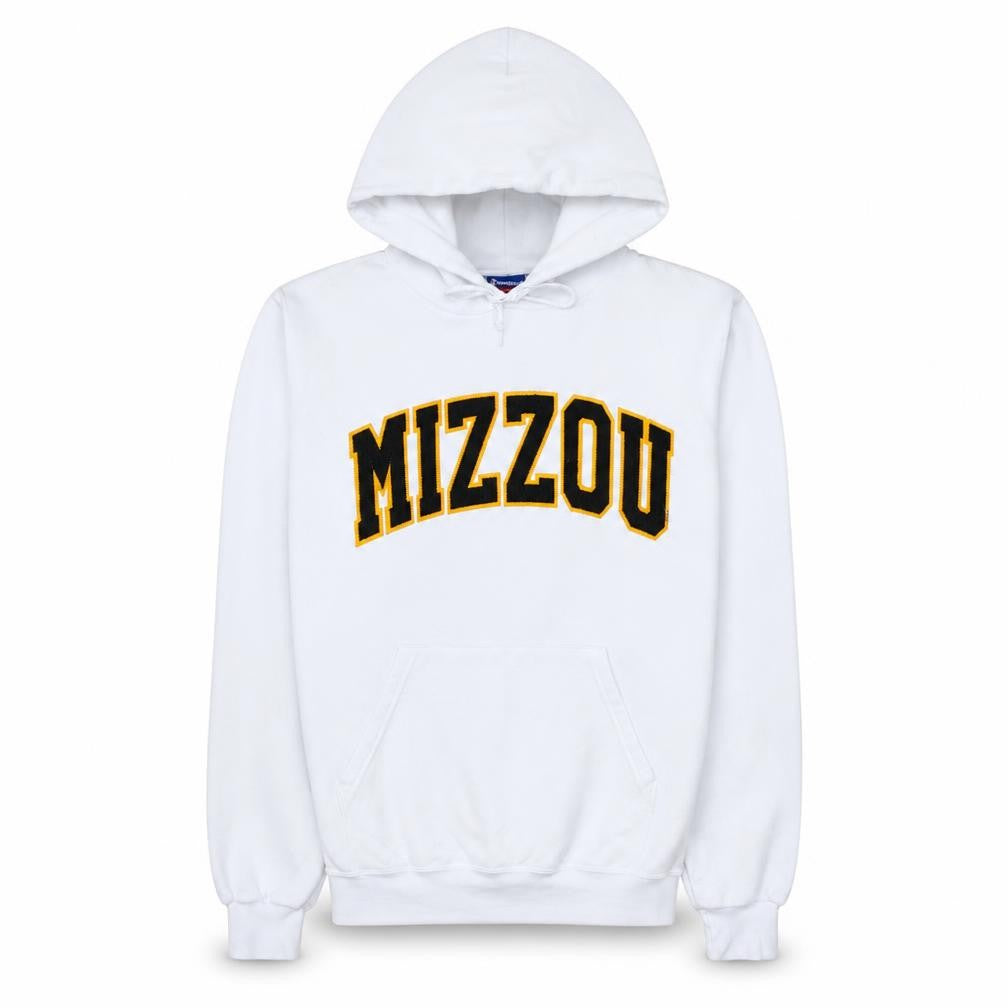 Front view of Champion women’s white mizzou pullover hoodie, size S