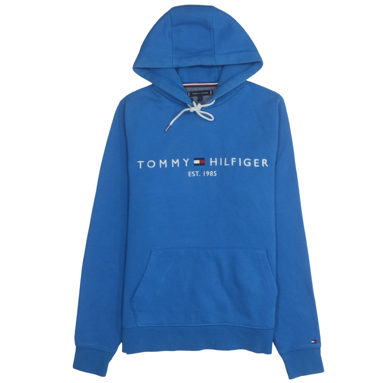 Tommy Hilfiger Men Blue Small Pullover Hoodie with Logo Print