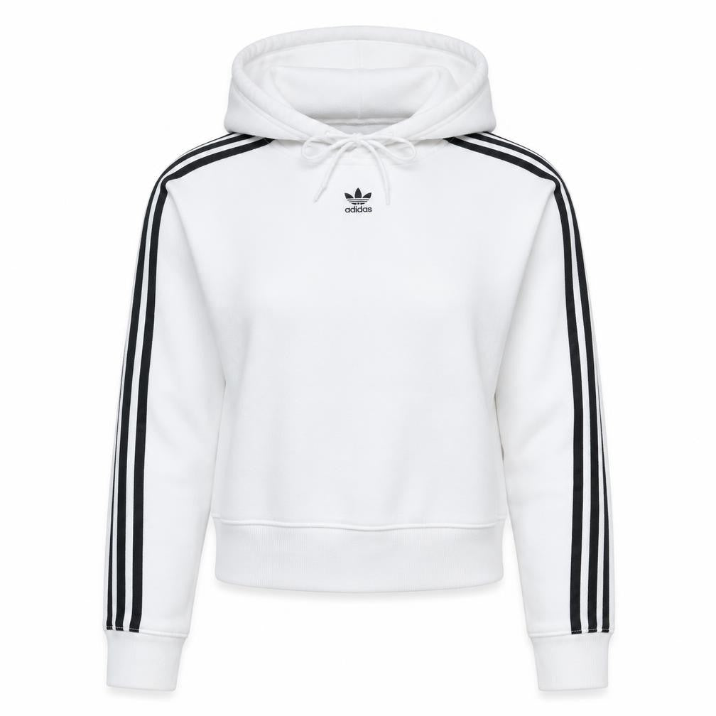 Front view of Adidas Women White Cropped Hoodie, size S, Hooded Pullover