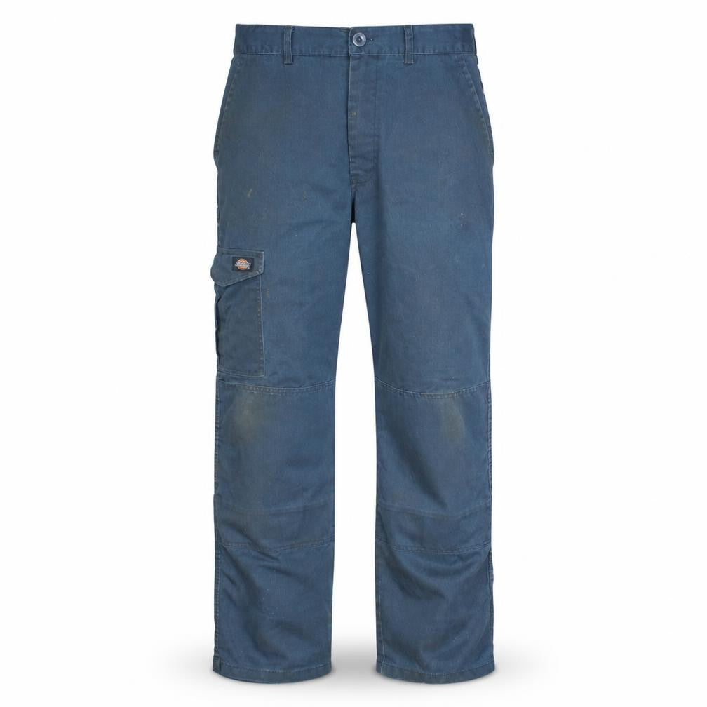 Front view of Dickies Men's Blue Cargo Workwear Trousers, size 44, Relaxed Fit