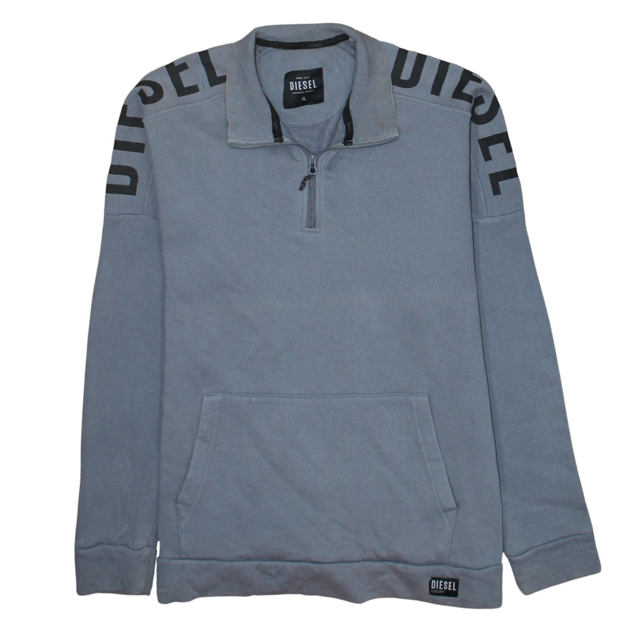 Diesel Mens Grey XL 1/4 Zip Fleece Sweatshirt Logo Pullover