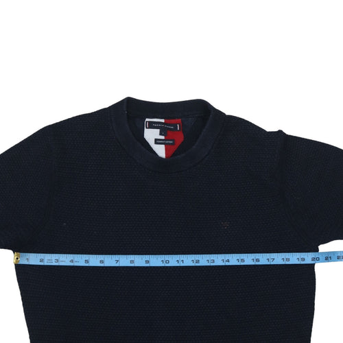 Tommy Hilfiger Men's Blue Cotton Crew Neck Waffle Knit Jumper L