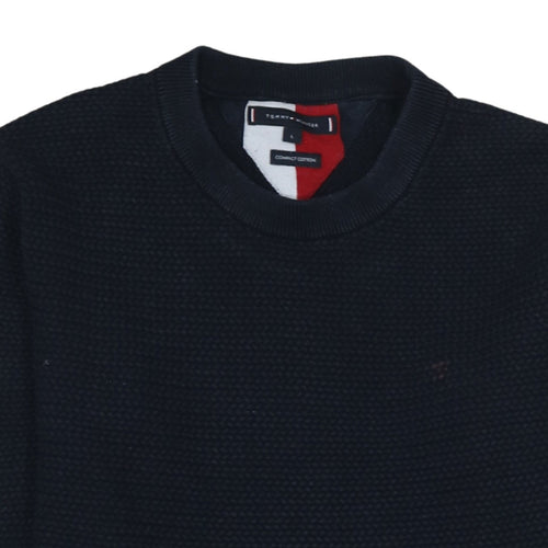 Tommy Hilfiger Men's Blue Cotton Crew Neck Waffle Knit Jumper L