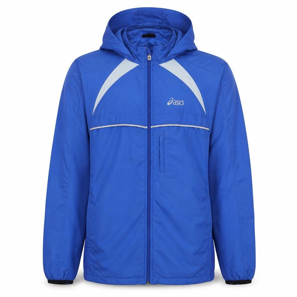 Front view of Asics men’s blue hooded windbreaker jacket, size M