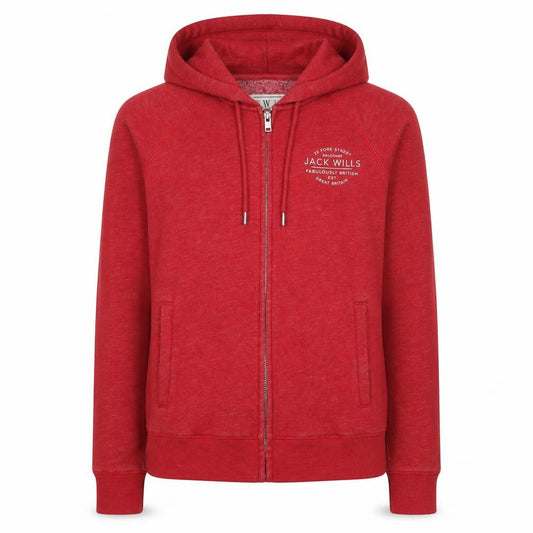 Front view of Jack Wills women’s red full zip hoodie, size UK 12, cotton blend casual