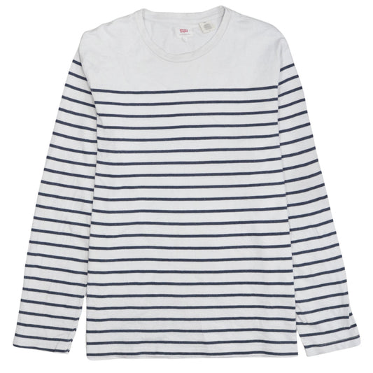 Levi's Women White Blue Striped Long Sleeve Pullover Sweatshirt Size L