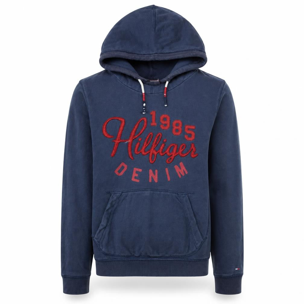 Front view of Hilfiger Denim Men's Blue Pullover Hoodie S 1985 Embroidered Logo