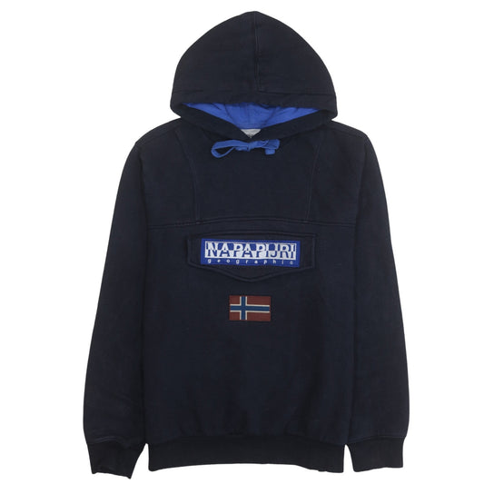 Napapijri Men's Blue Pullover Hoodie L Logo Embroidered Outdoor