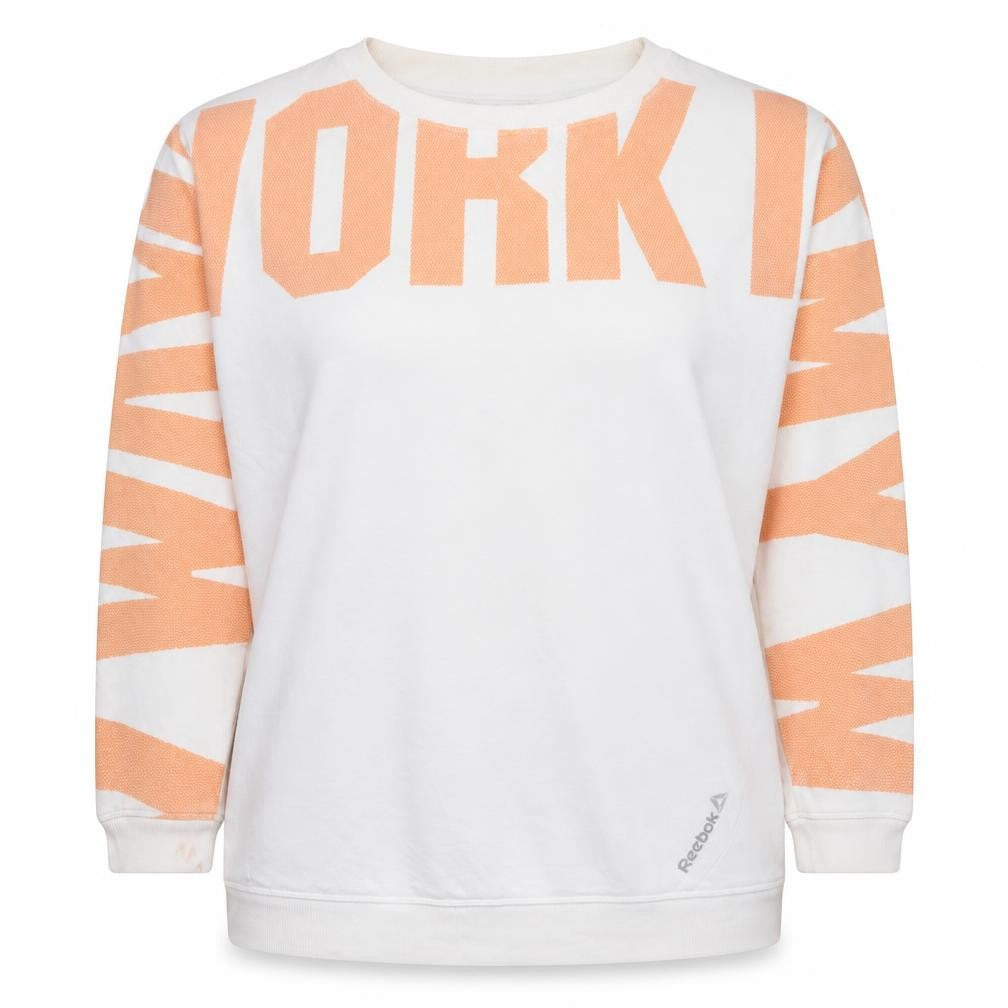Front view of Reebok women’s white orange crew neck pullover sweatshirt, size M