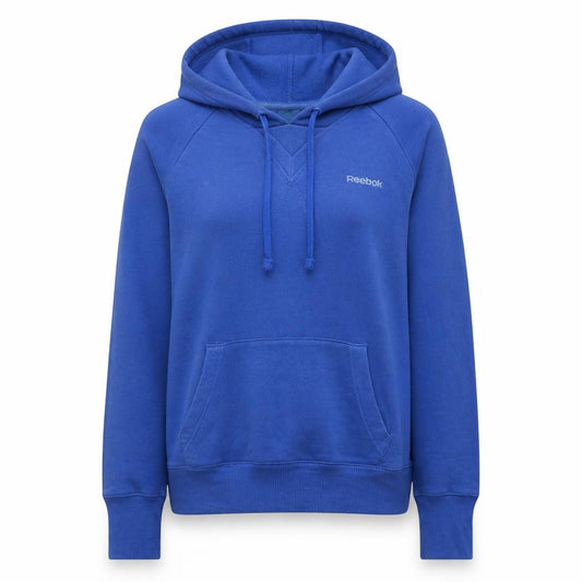 Front view of Reebok Women's Blue Pullover Hoodie, size S, Relaxed Fit Sweatshirt