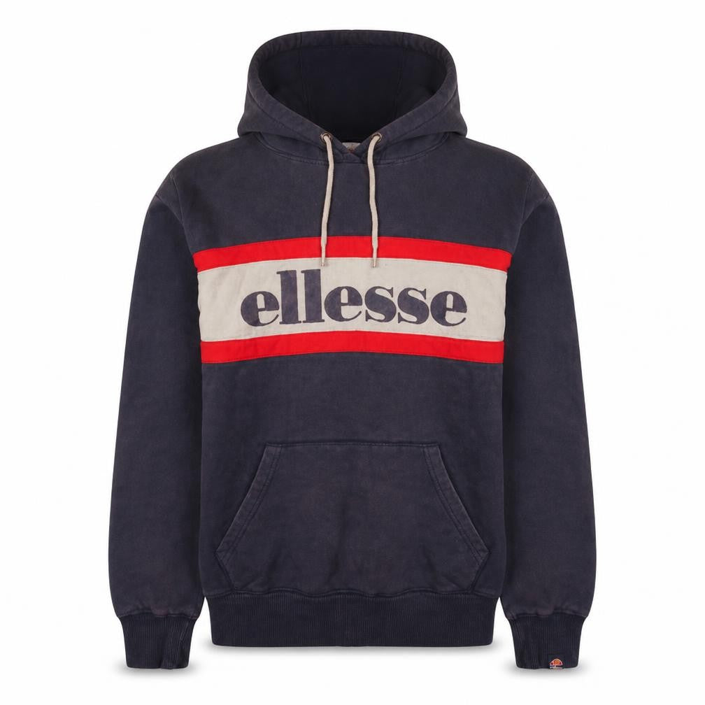 Front view of Ellesse men’s navy pullover hoodie m logo graphic hooded sweatshirt