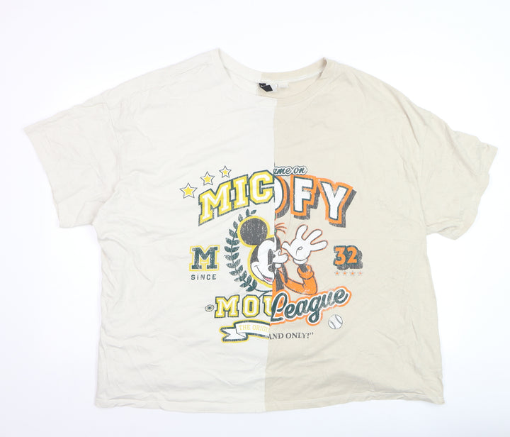 H&M Women Beige Mickey Mouse Graphic T-Shirt 4XL Relaxed Fit