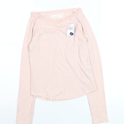 Abercrombie Kids Girls Light Pink Long Sleeve Lace Trim Ribbed Top Size 11-12