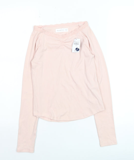 Abercrombie Kids Girls Light Pink Long Sleeve Lace Trim Ribbed Top Size 11-12