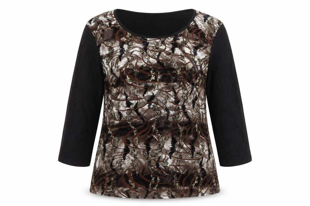 Front view of Saloos women’s brown tunic blouse long sleeve stretch top, size M