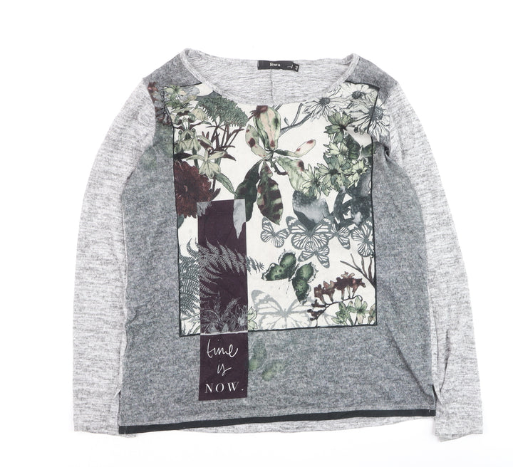 Festa Women Grey Floral Long Sleeve Jersey T-Shirt Size 16