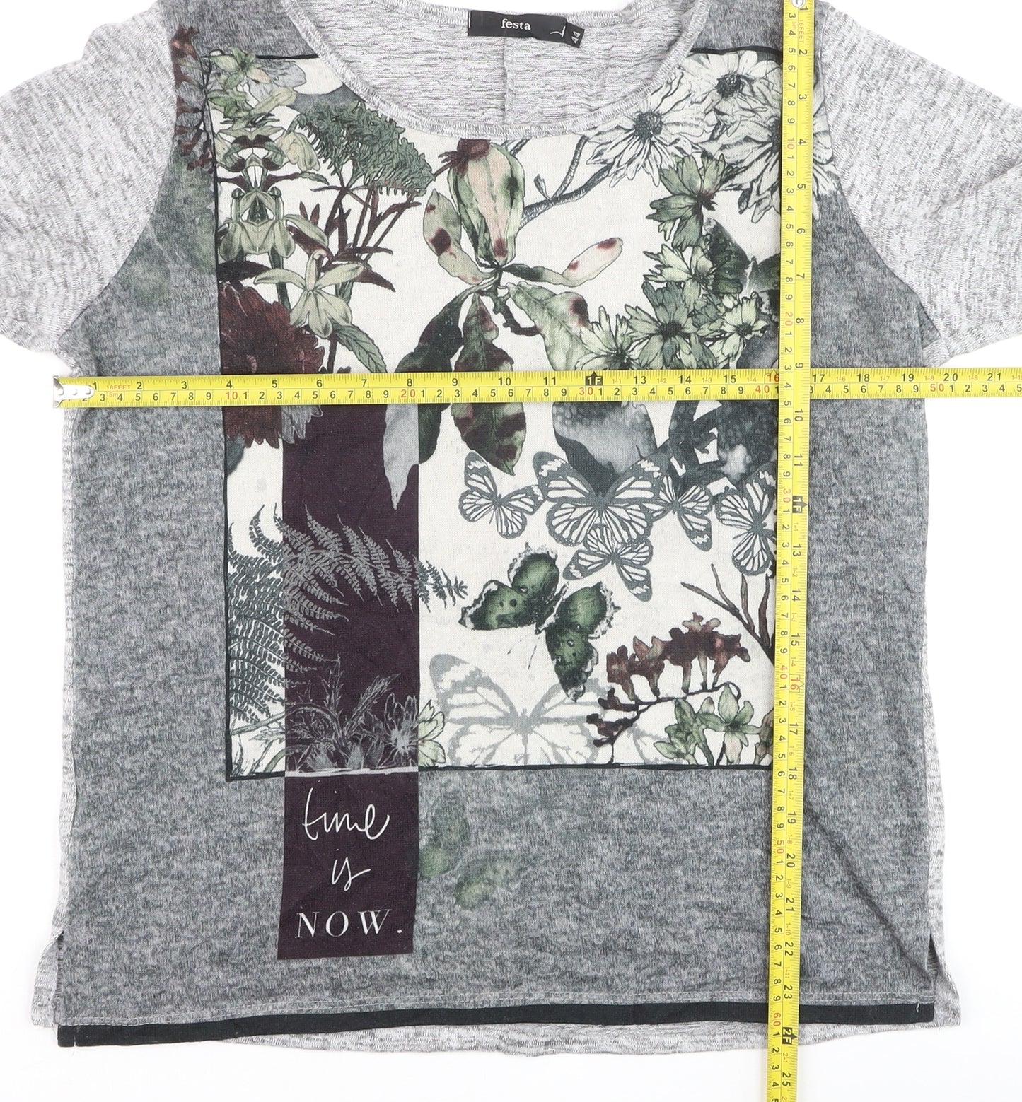 Festa Women Grey Floral Long Sleeve Jersey T-Shirt Size 16