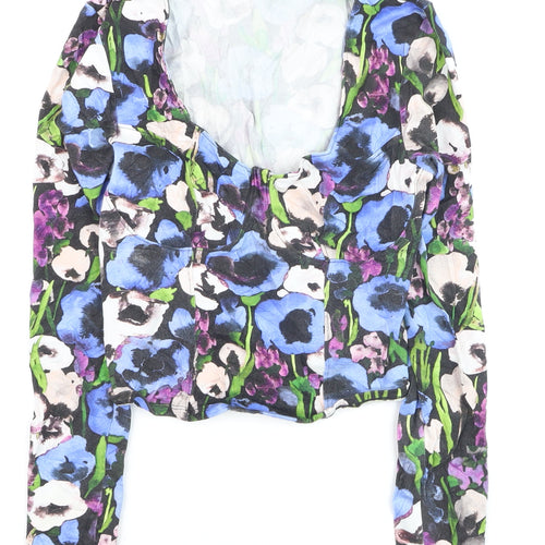 Monki Women's Multicoloured Floral Cropped Blouse Long Sleeve S