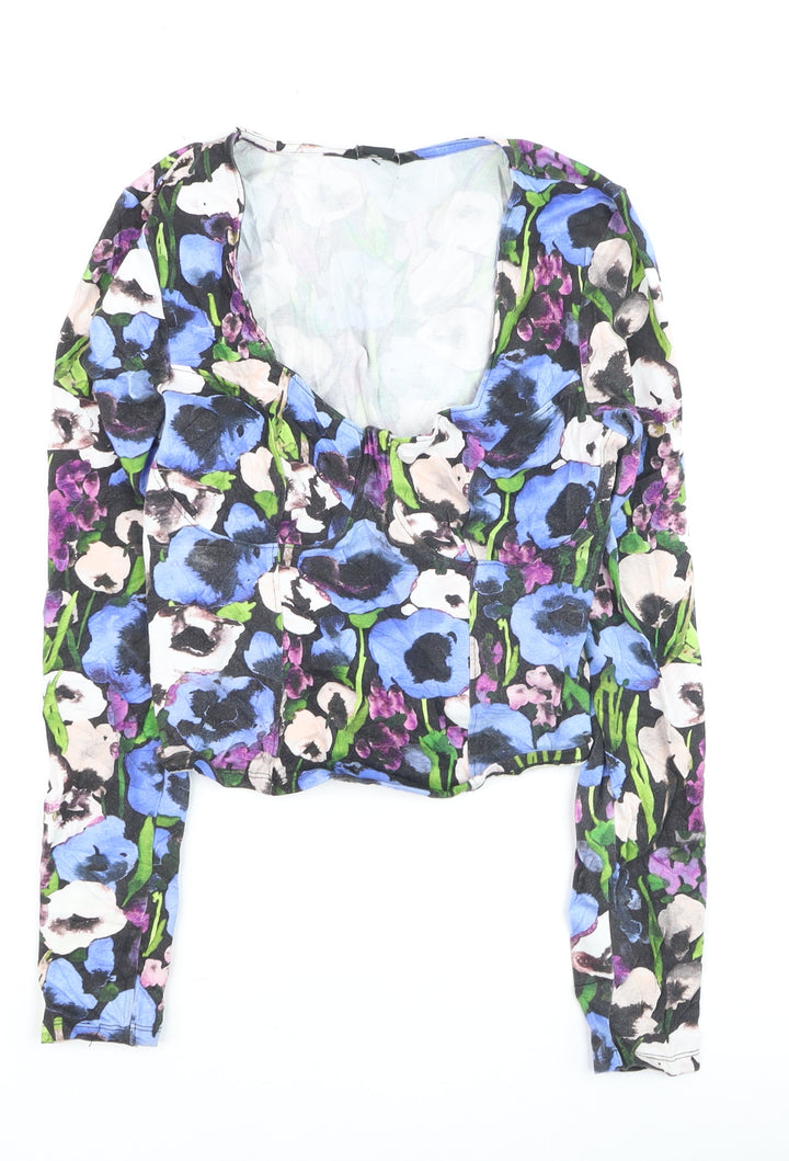 Monki Women's Multicoloured Floral Cropped Blouse Long Sleeve S