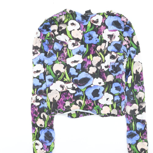 Monki Women's Multicoloured Floral Cropped Blouse Long Sleeve S