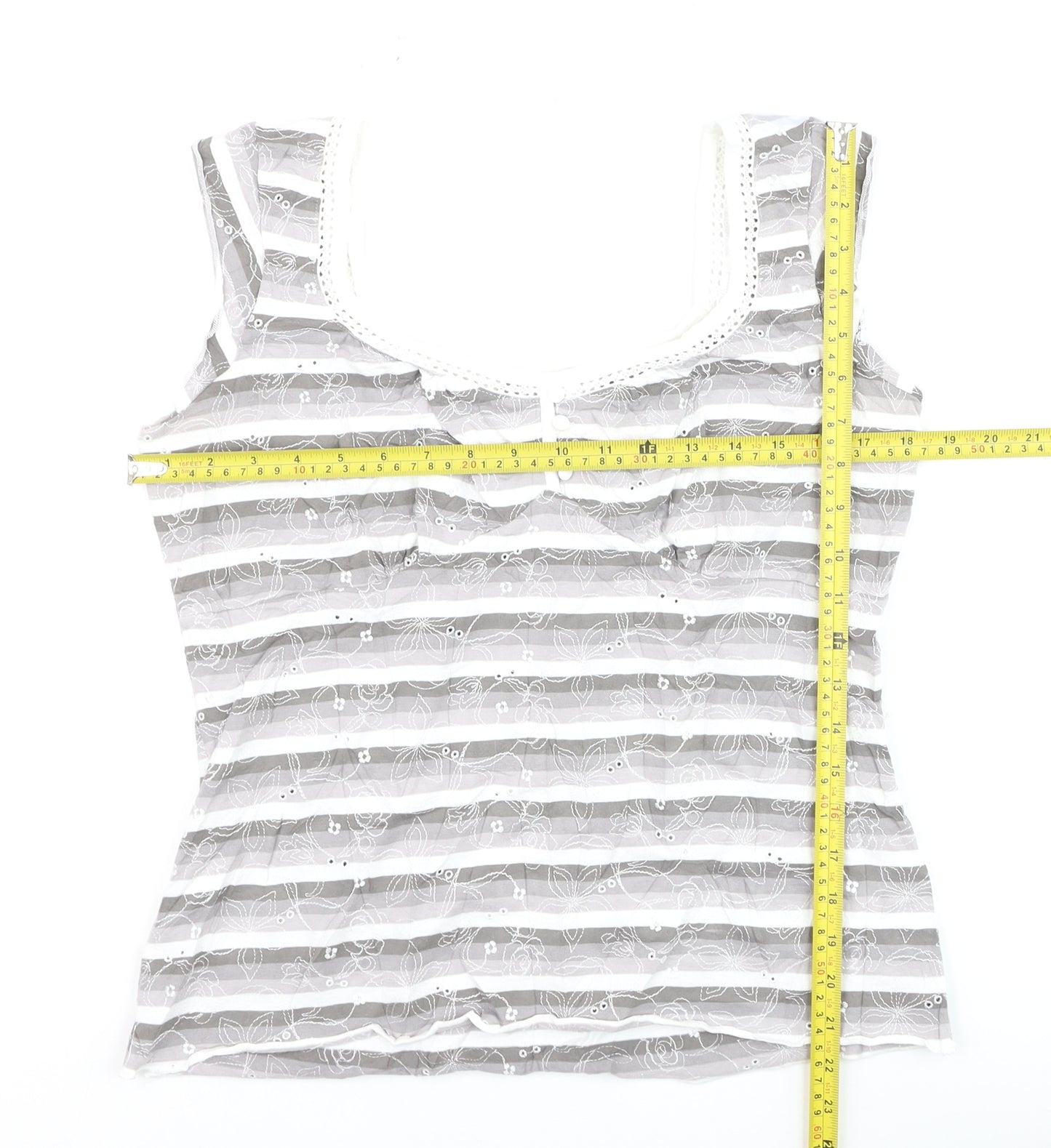 Marks and Spencer Per Una Grey Striped Lace Trim Sleeveless Top Size 14