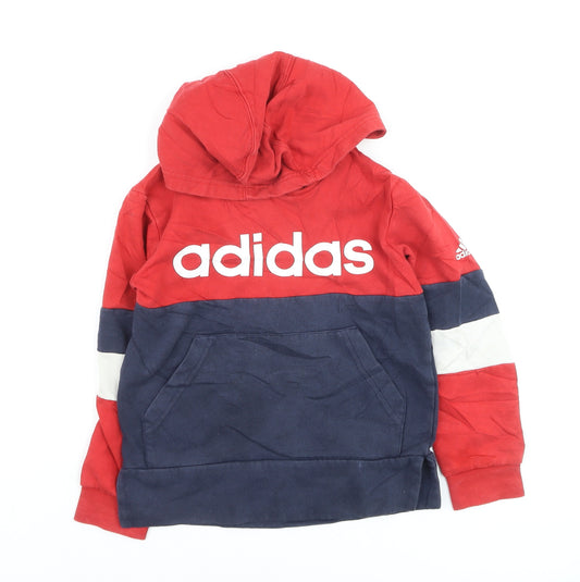 Adidas Boys Red & Navy Pullover Hoodie Size 7-8 Years Colourblock Logo