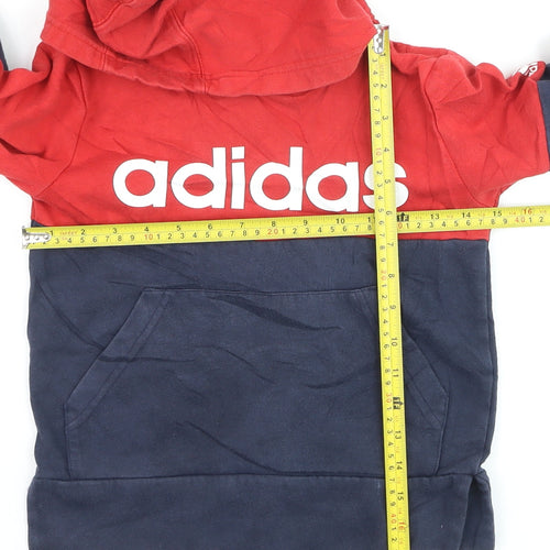 Adidas Boys Red & Navy Pullover Hoodie Size 7-8 Years Colourblock Logo