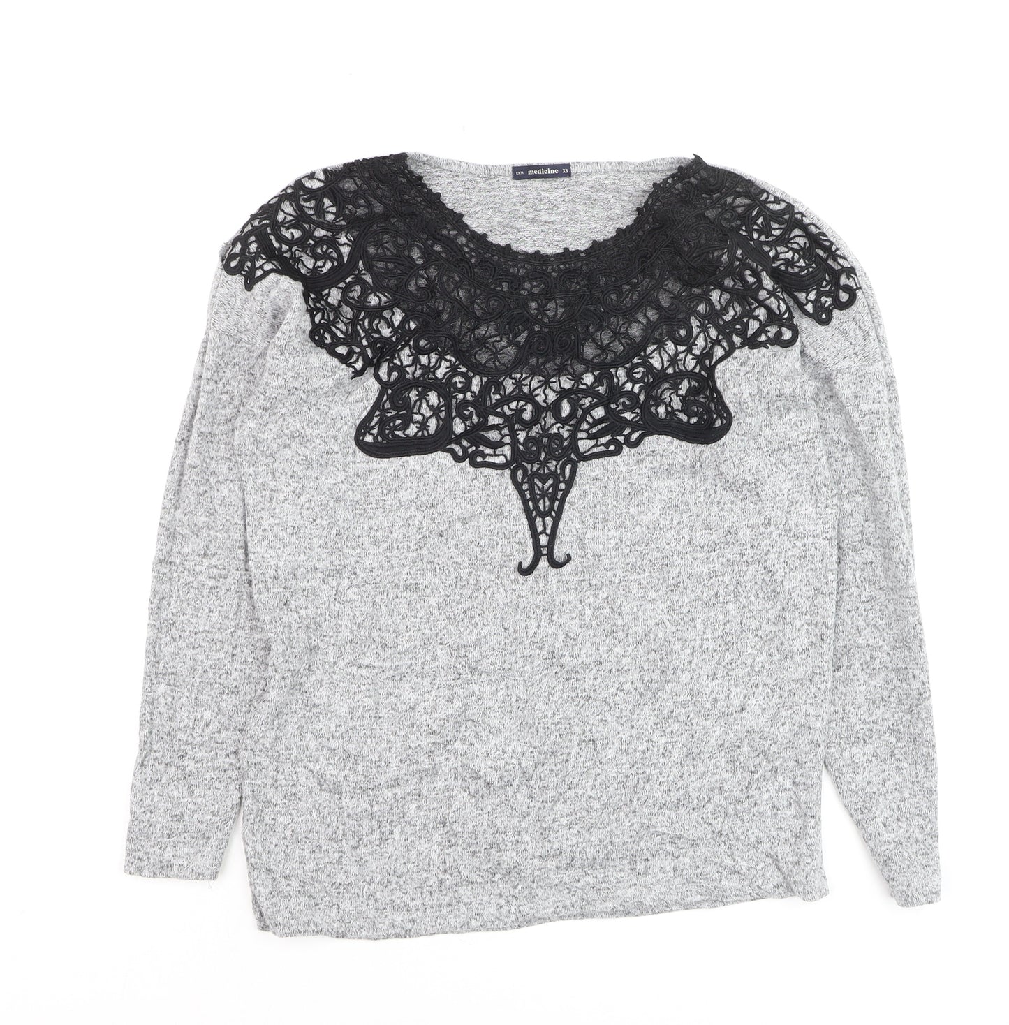 Medicine Women's Grey Lace Detail Long Sleeve Jersey Blouse XS