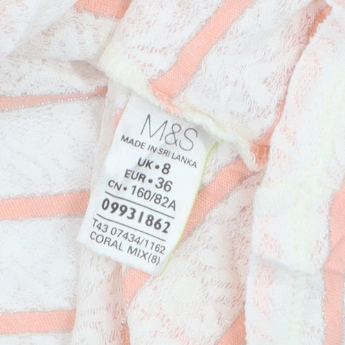 Marks and Spencer Women’s Coral Stripe Boat Neck Lace T-Shirt Size 8