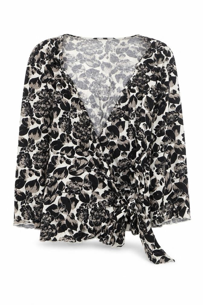 Front view of Banana Republic women’s black floral wrap blouse, size S