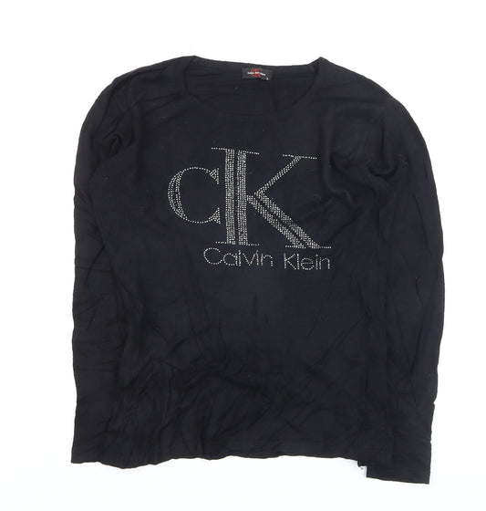 Calvin Klein Women's Black Rhinestone Logo Long Sleeve Cotton Top L