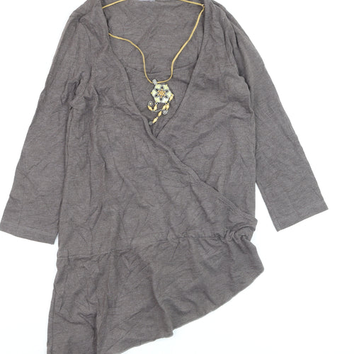 Next Women's Brown Wrap Blouse Size 8 3/4 Sleeve V-Neck Jersey Top