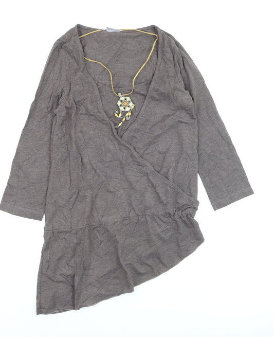 Next Women's Brown Wrap Blouse Size 8 3/4 Sleeve V-Neck Jersey Top