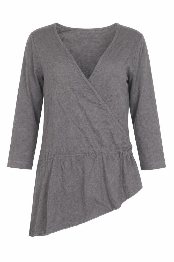 Front view of Next Women's Brown Wrap Blouse, size 8, 3/4 Sleeve V-Neck Jersey Top