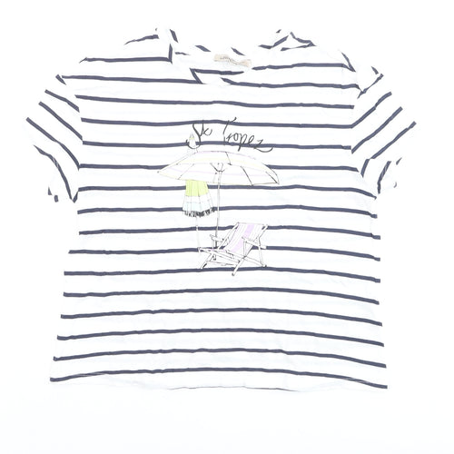Marks and Spencer Womens White Striped Beach Print Cotton T-Shirt Size 8