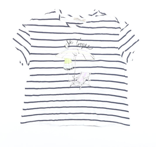 Marks and Spencer Womens White Striped Beach Print Cotton T-Shirt Size 8