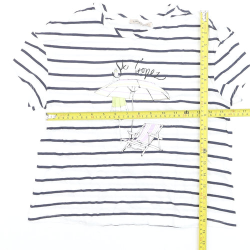 Marks and Spencer Womens White Striped Beach Print Cotton T-Shirt Size 8
