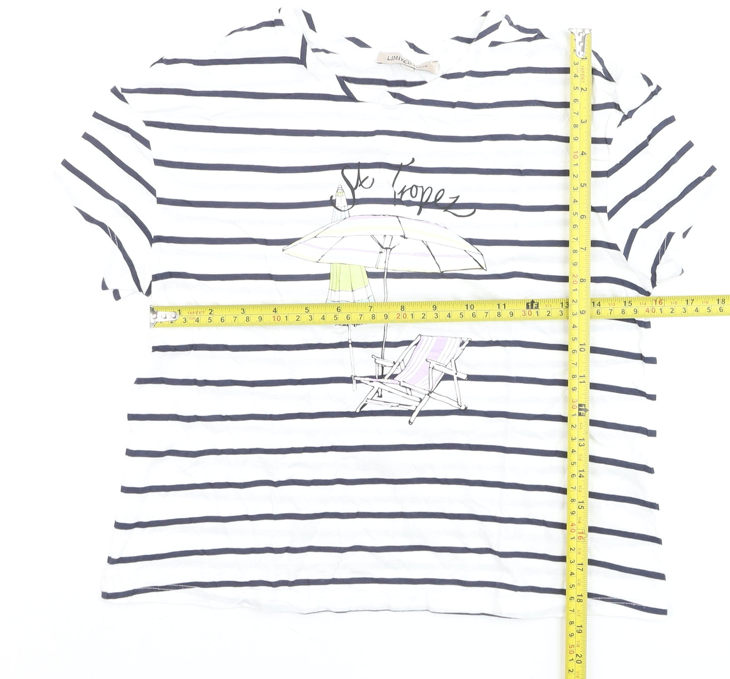 Marks and Spencer Womens White Striped Beach Print Cotton T-Shirt Size 8