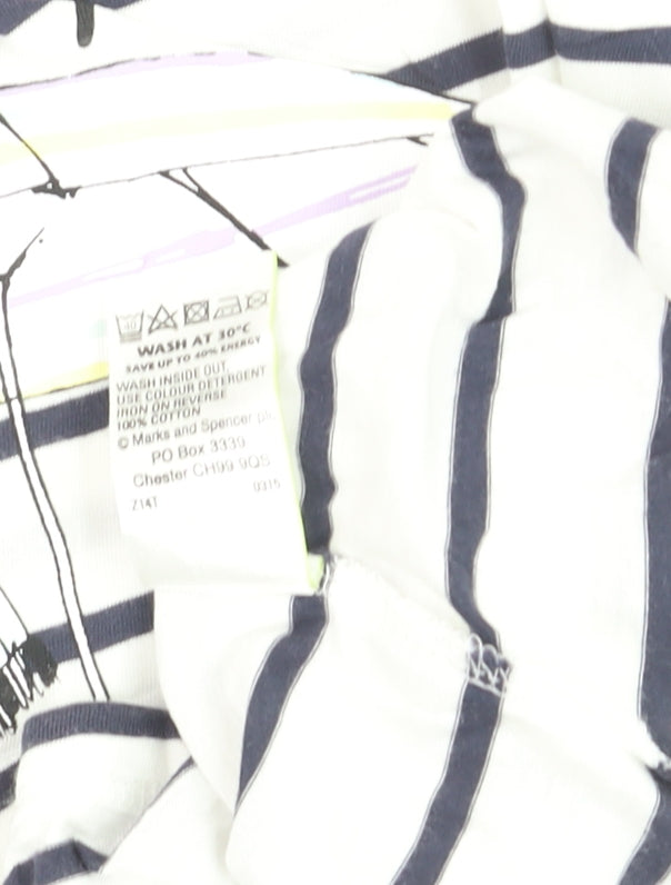 Marks and Spencer Womens White Striped Beach Print Cotton T-Shirt Size 8
