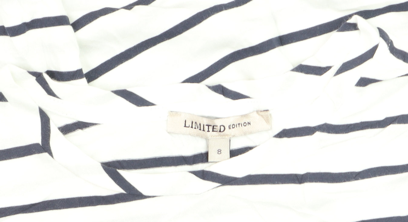 Marks and Spencer Womens White Striped Beach Print Cotton T-Shirt Size 8