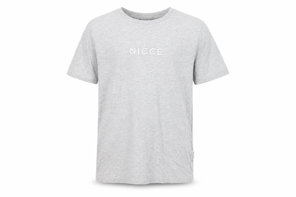 Front view of NICCE Men Grey Small Logo Crew Neck Cotton T-Shirt, size S