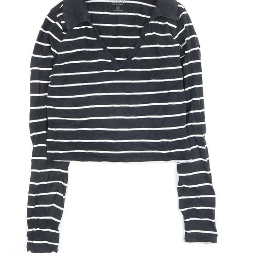 Hollister Women's Black Striped Cropped Long Sleeve T-Shirt M