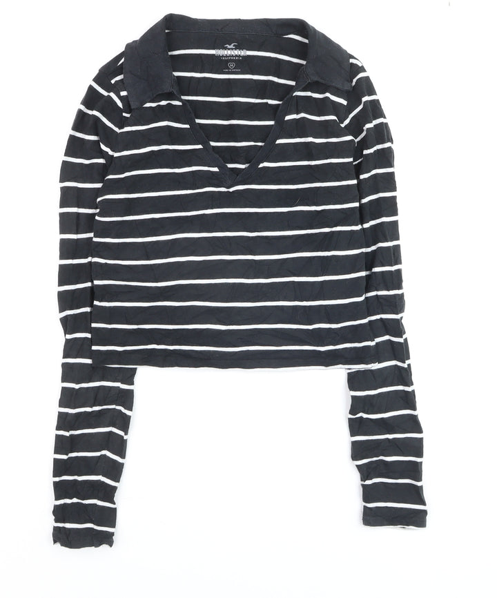 Hollister Women's Black Striped Cropped Long Sleeve T-Shirt M