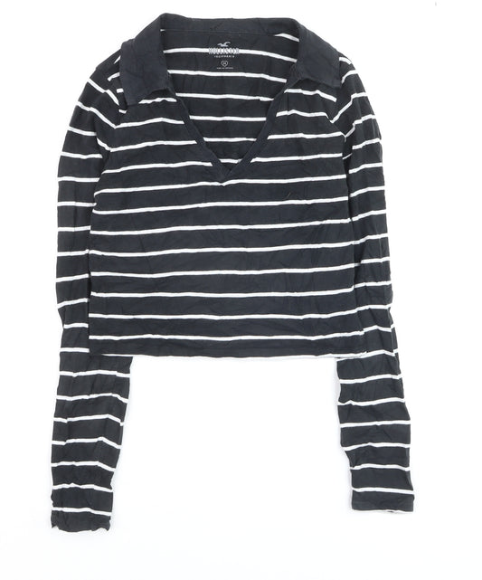 Hollister Women's Black Striped Cropped Long Sleeve T-Shirt M