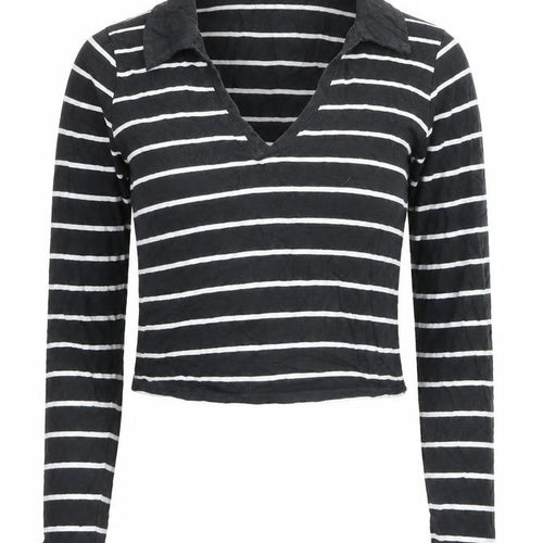 Hollister Women's Black Striped Cropped Long Sleeve T-Shirt M